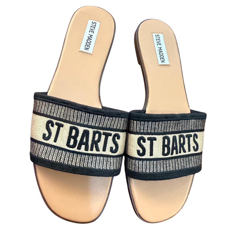 Steve Madden Knox St Barts Slide Sandals Black Tan Fabric Woven Flat 9.5M